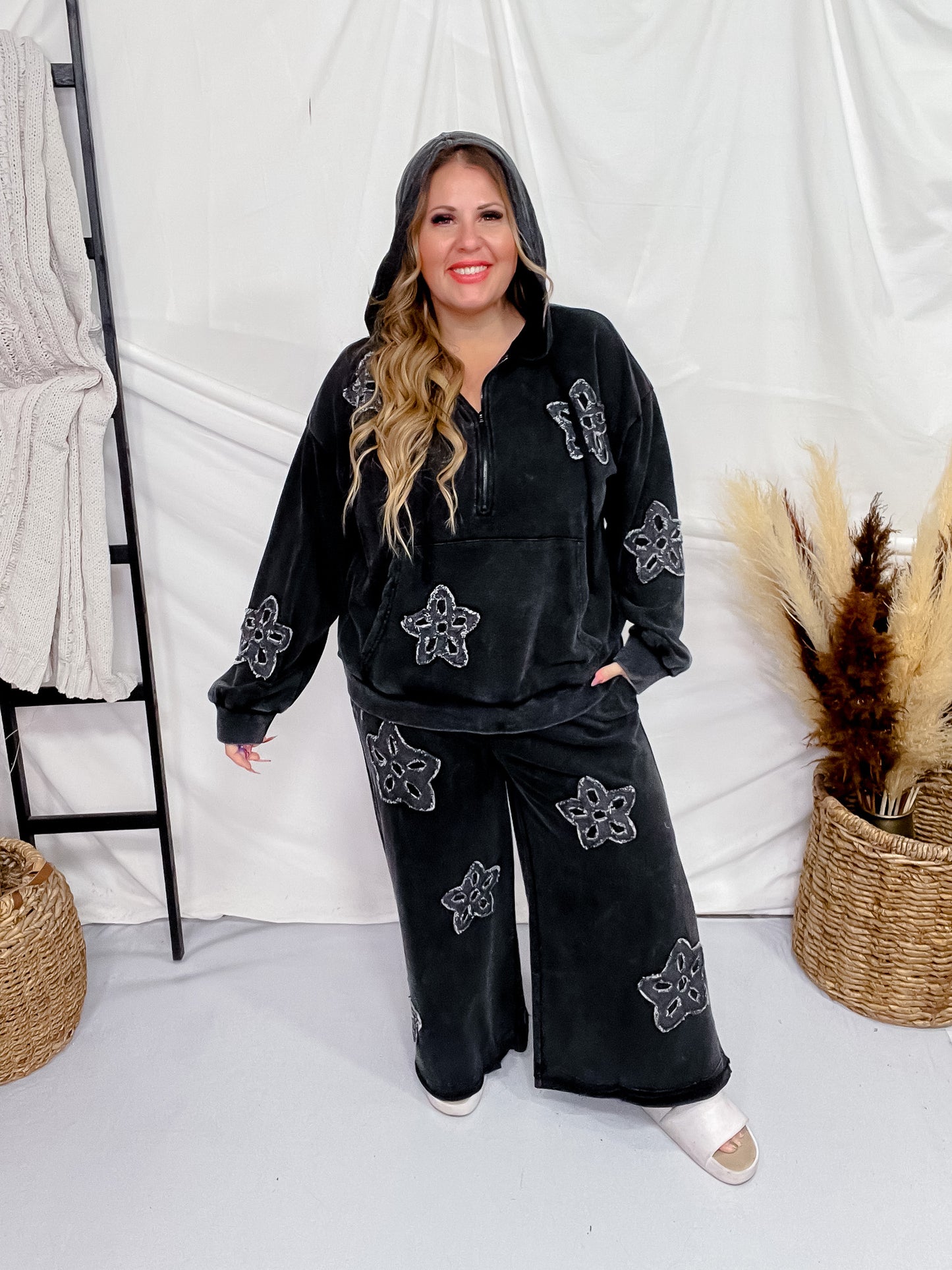 Black Flower Patch Acid Washed Palazzo Cropped Pants