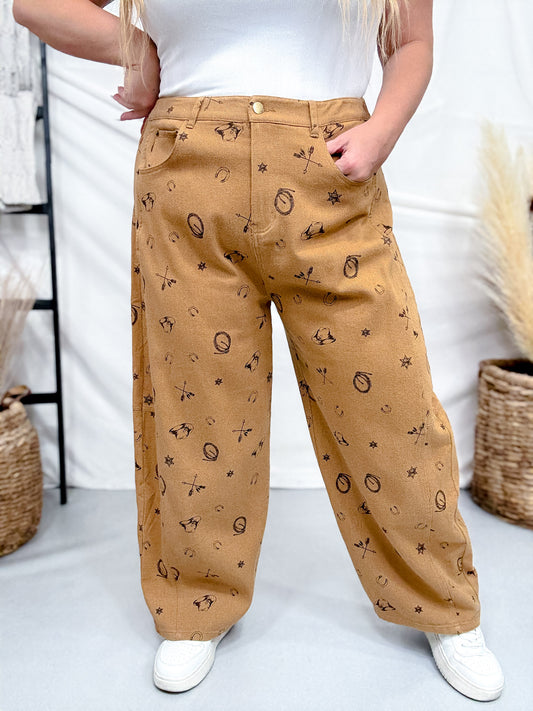 Washed Taupe Barrel Pants With Western Print