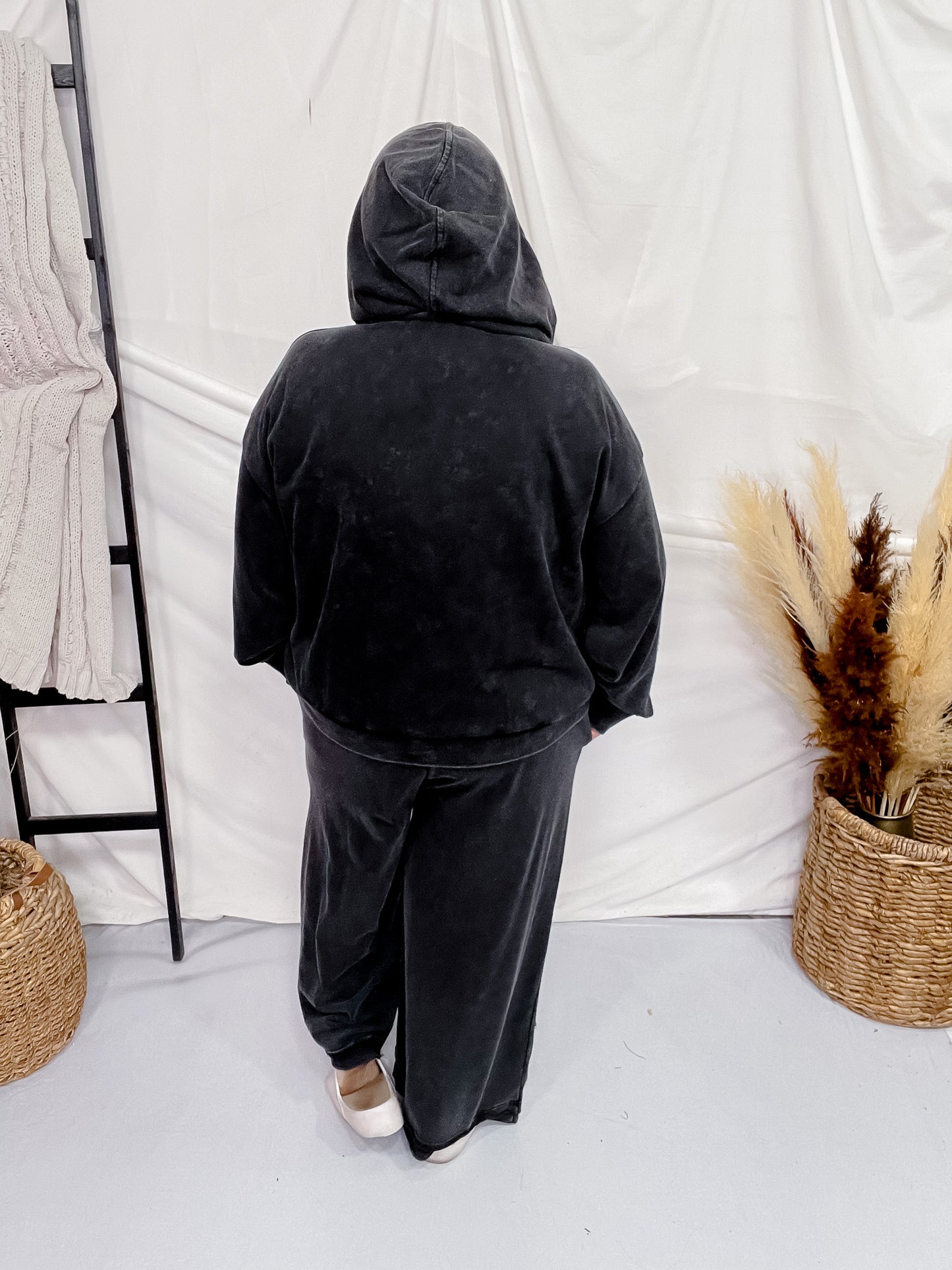 Black Acid Washed Flower Patch Zipped Hood Sweatshirt