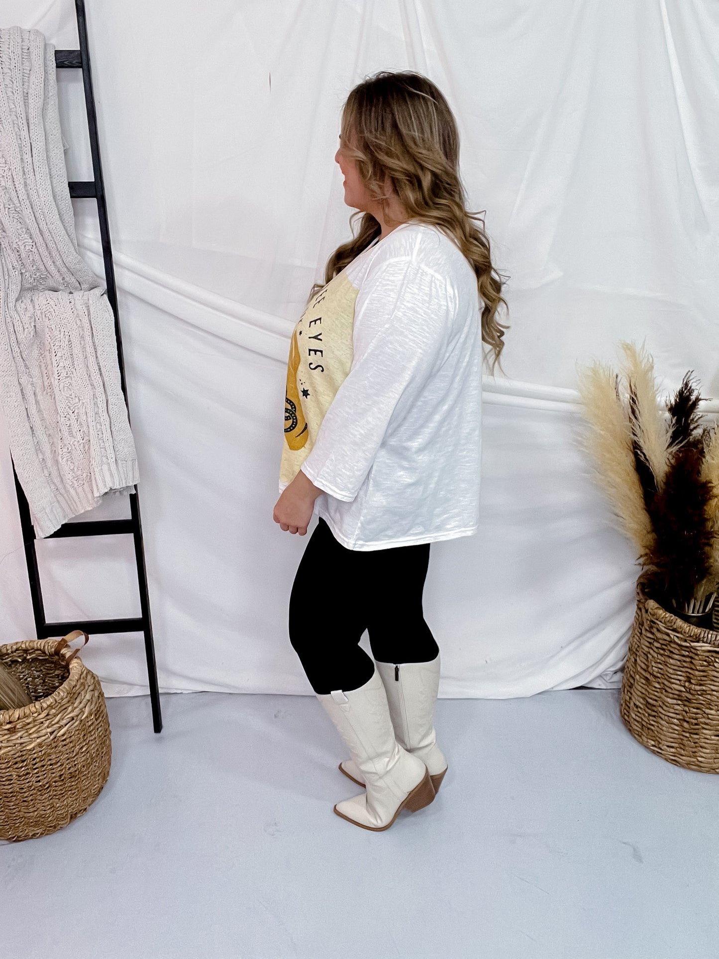 Three Eyes Drop Shoulder 3/4 Sleeve Boxy Top