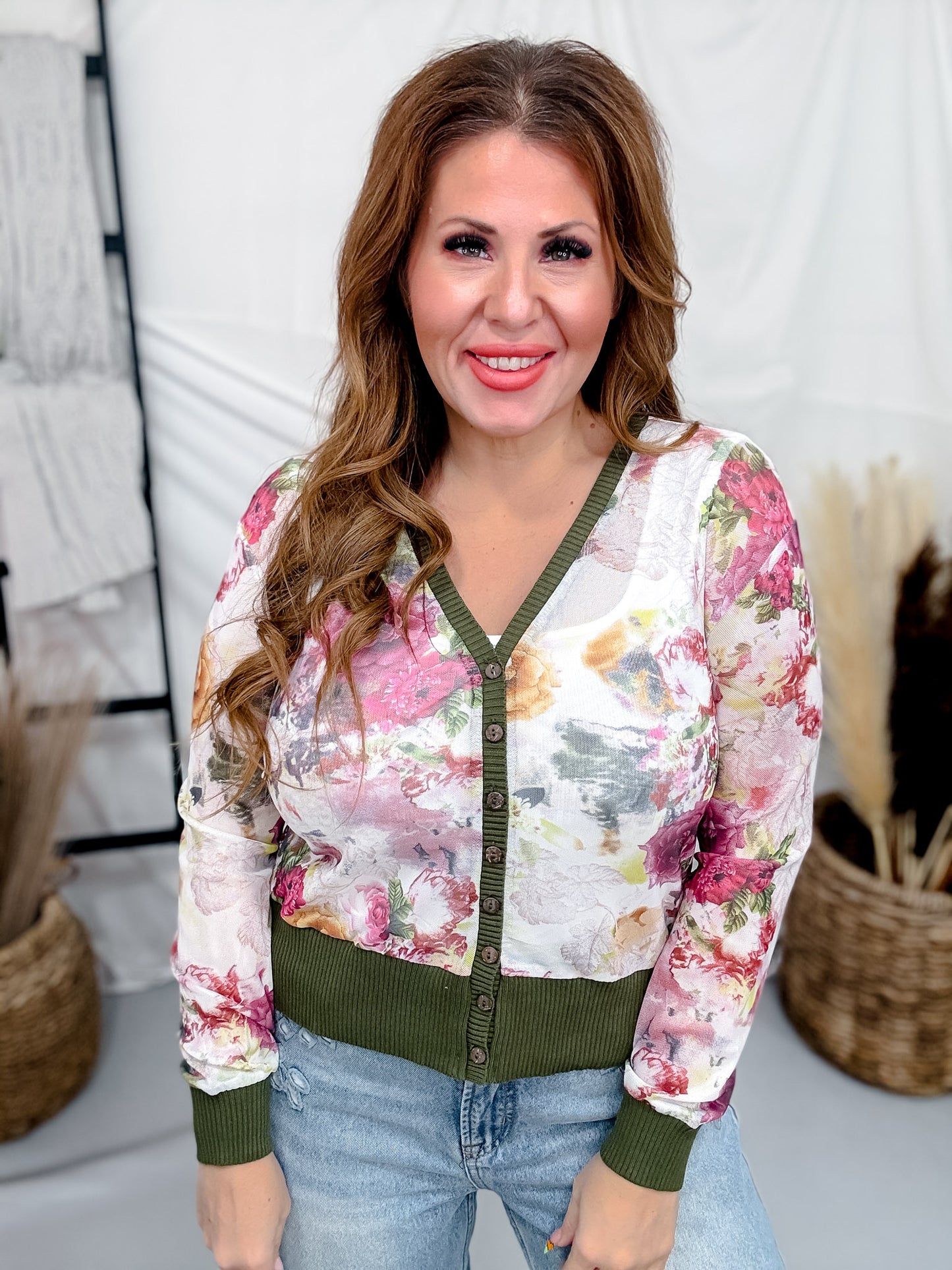 Olive & Magenta Floral Print Sheer Long Sleeve Button Front Cardigan