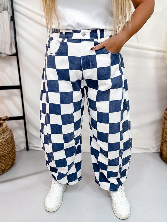 Navy & White Checker Print Barrel Leg Jeans