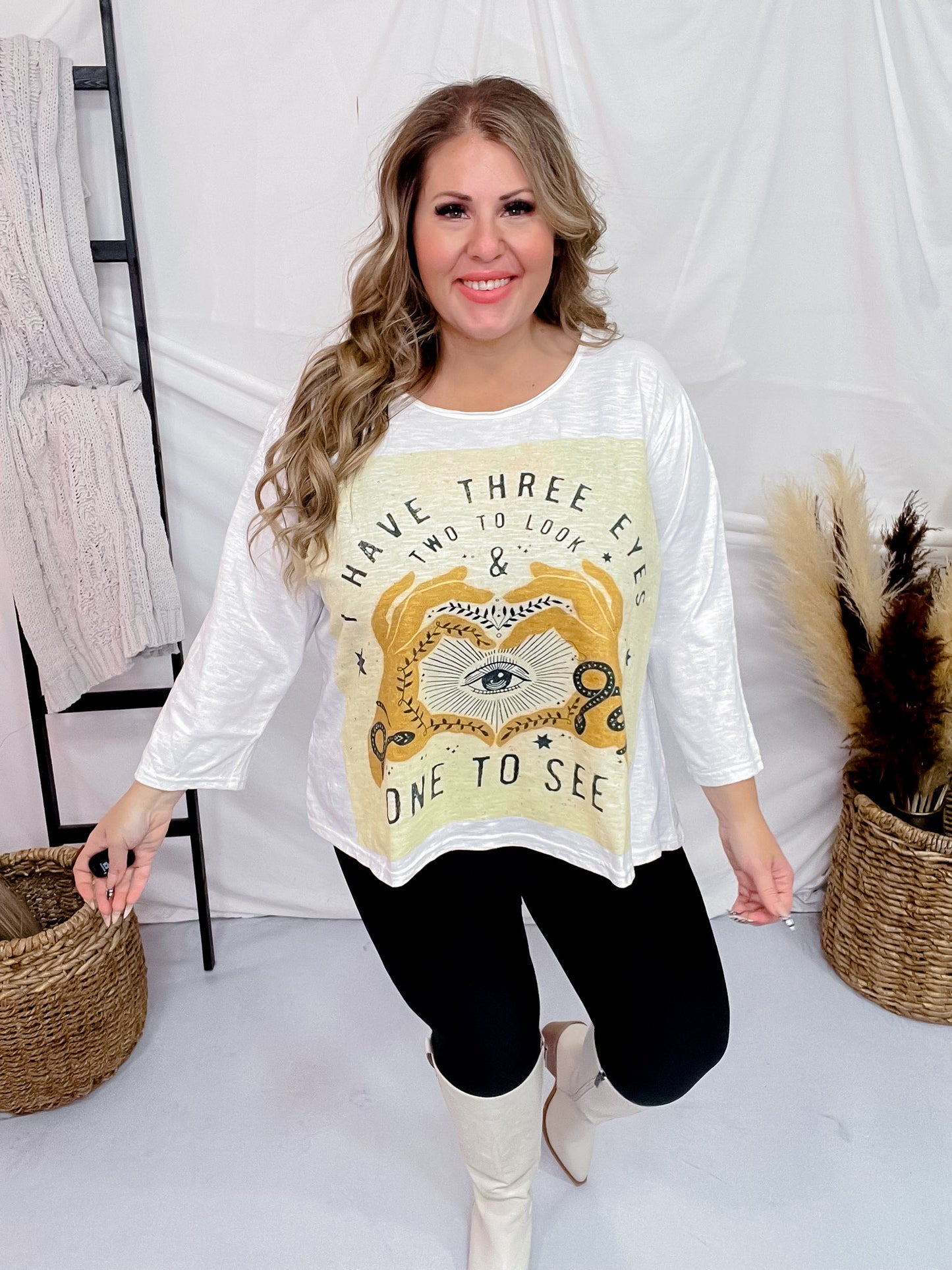 Three Eyes Drop Shoulder 3/4 Sleeve Boxy Top