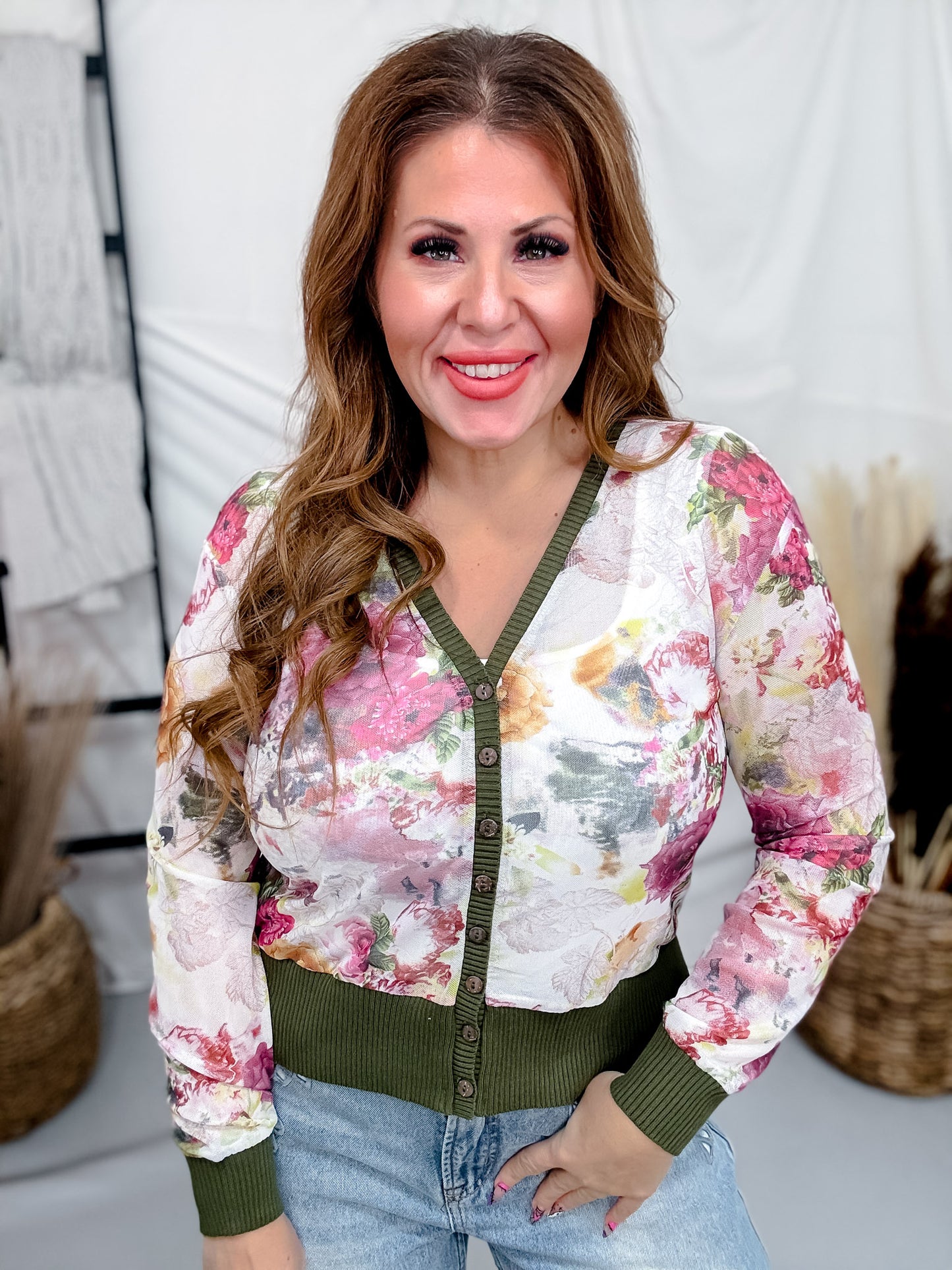 Olive & Magenta Floral Print Sheer Long Sleeve Button Front Cardigan
