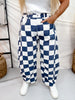 Navy & White Checker Print Barrel Leg Jeans