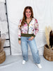 Olive & Magenta Floral Print Sheer Long Sleeve Button Front Cardigan