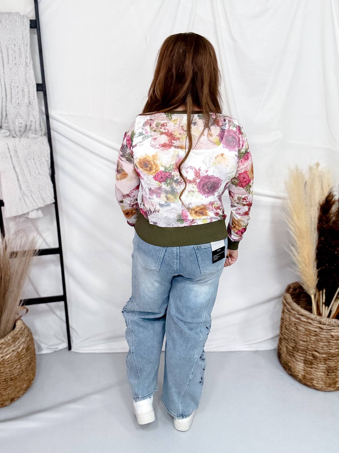 Olive & Magenta Floral Print Sheer Long Sleeve Button Front Cardigan