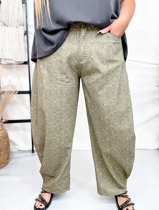 Olive Green Barrel Leg Pants With Floral Print