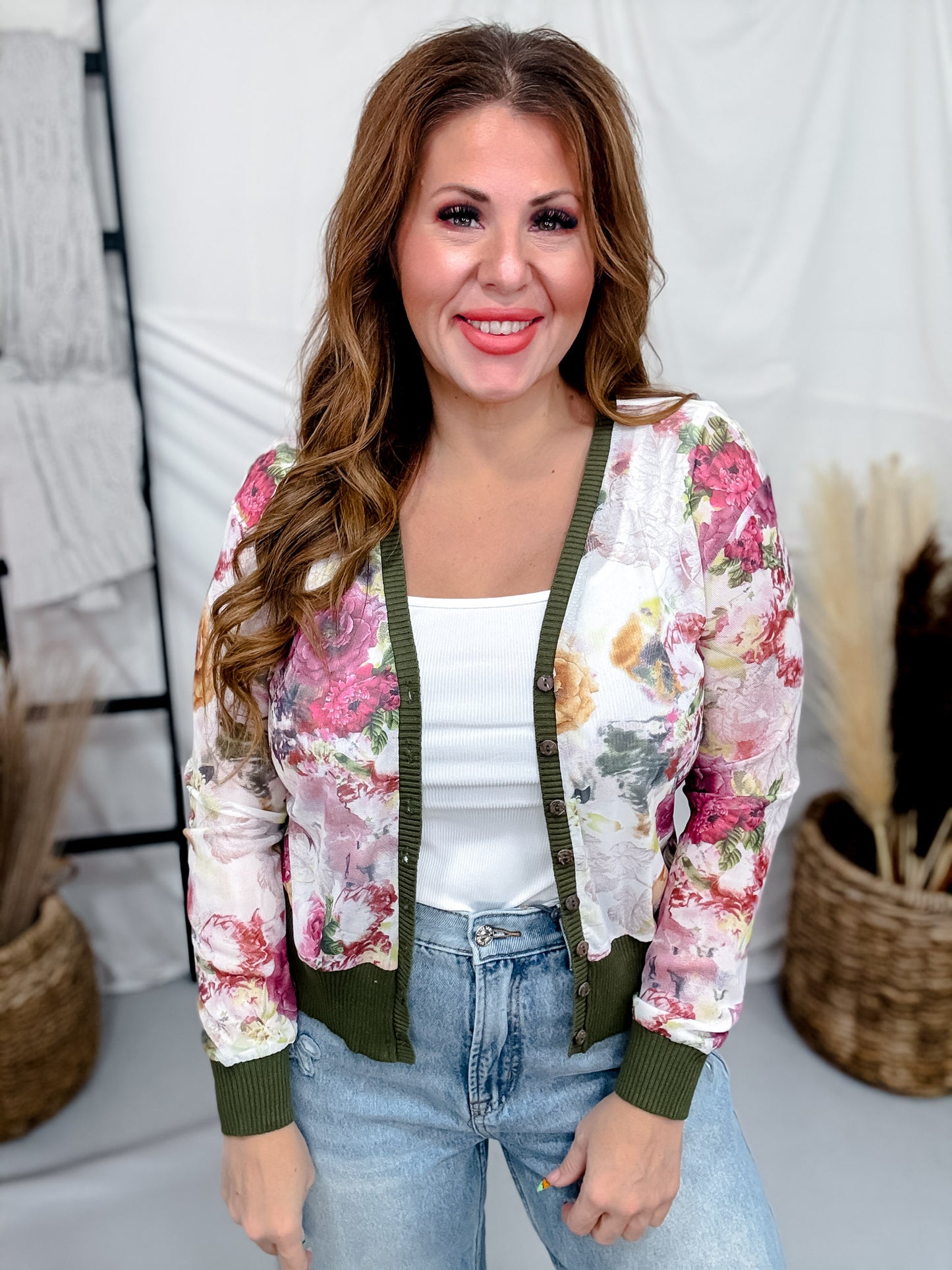 Olive & Magenta Floral Print Sheer Long Sleeve Button Front Cardigan