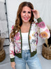 Olive & Magenta Floral Print Sheer Long Sleeve Button Front Cardigan