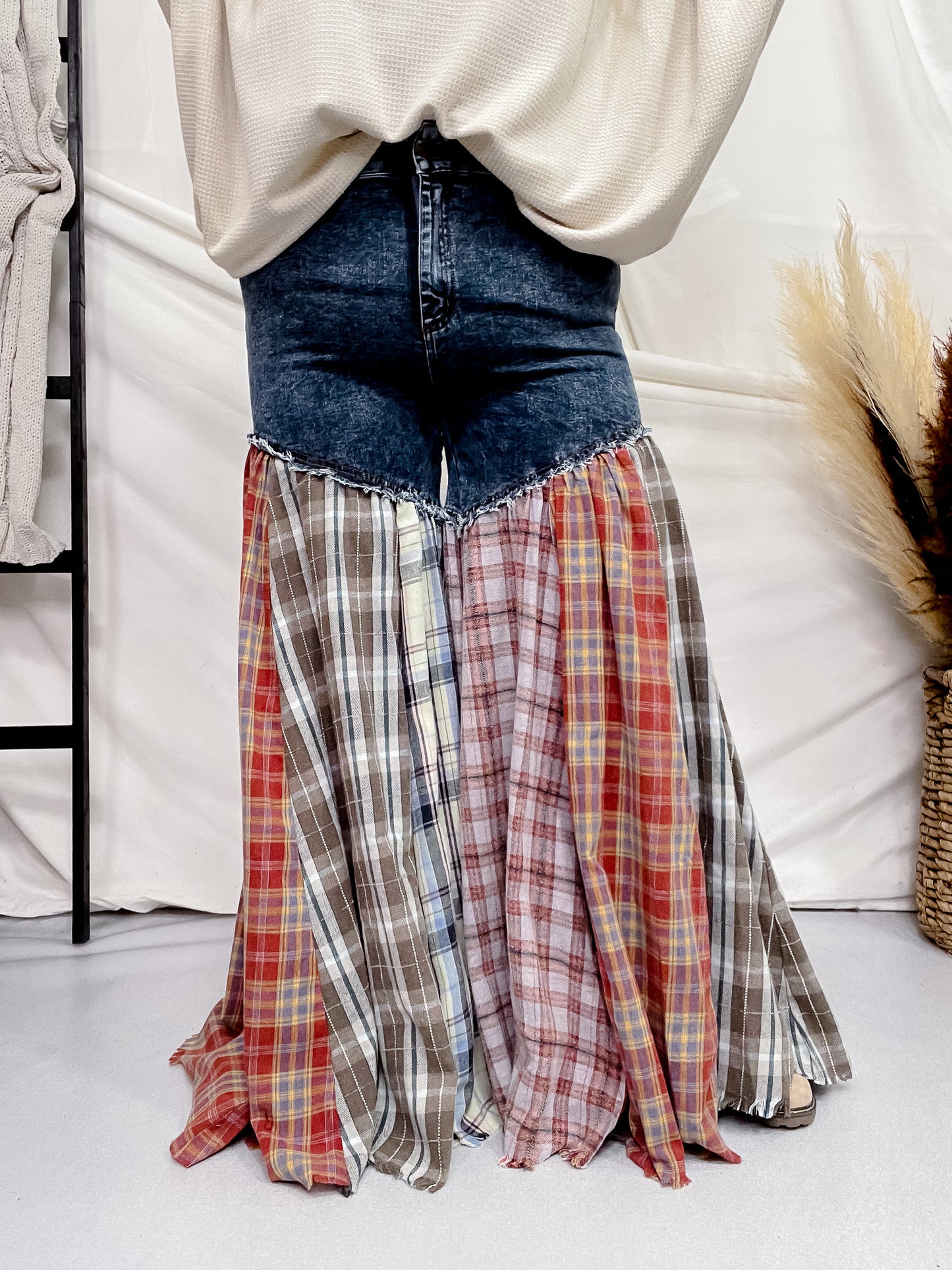 Washed Patchwork Flared Pants