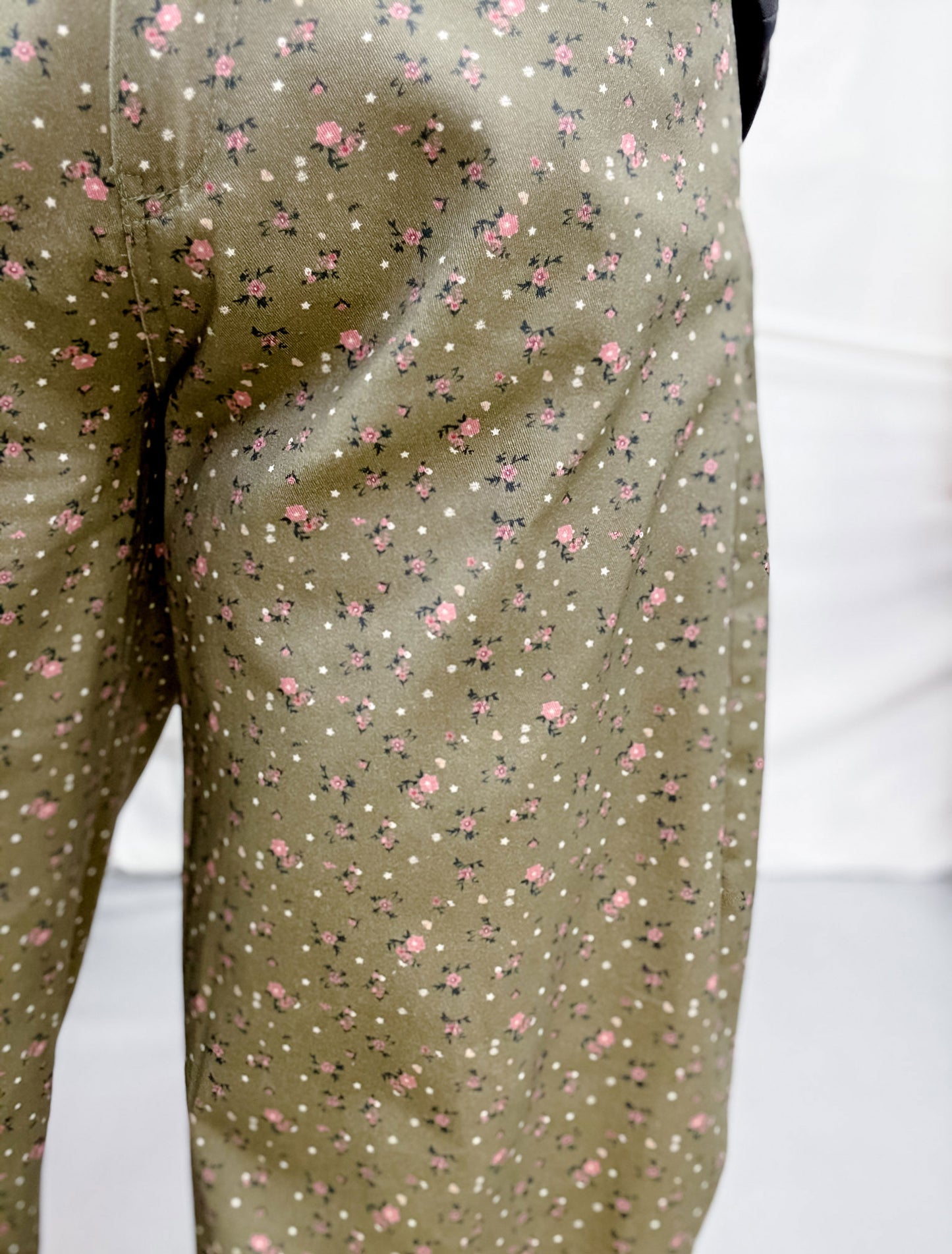 Olive Green Barrel Leg Pants With Floral Print
