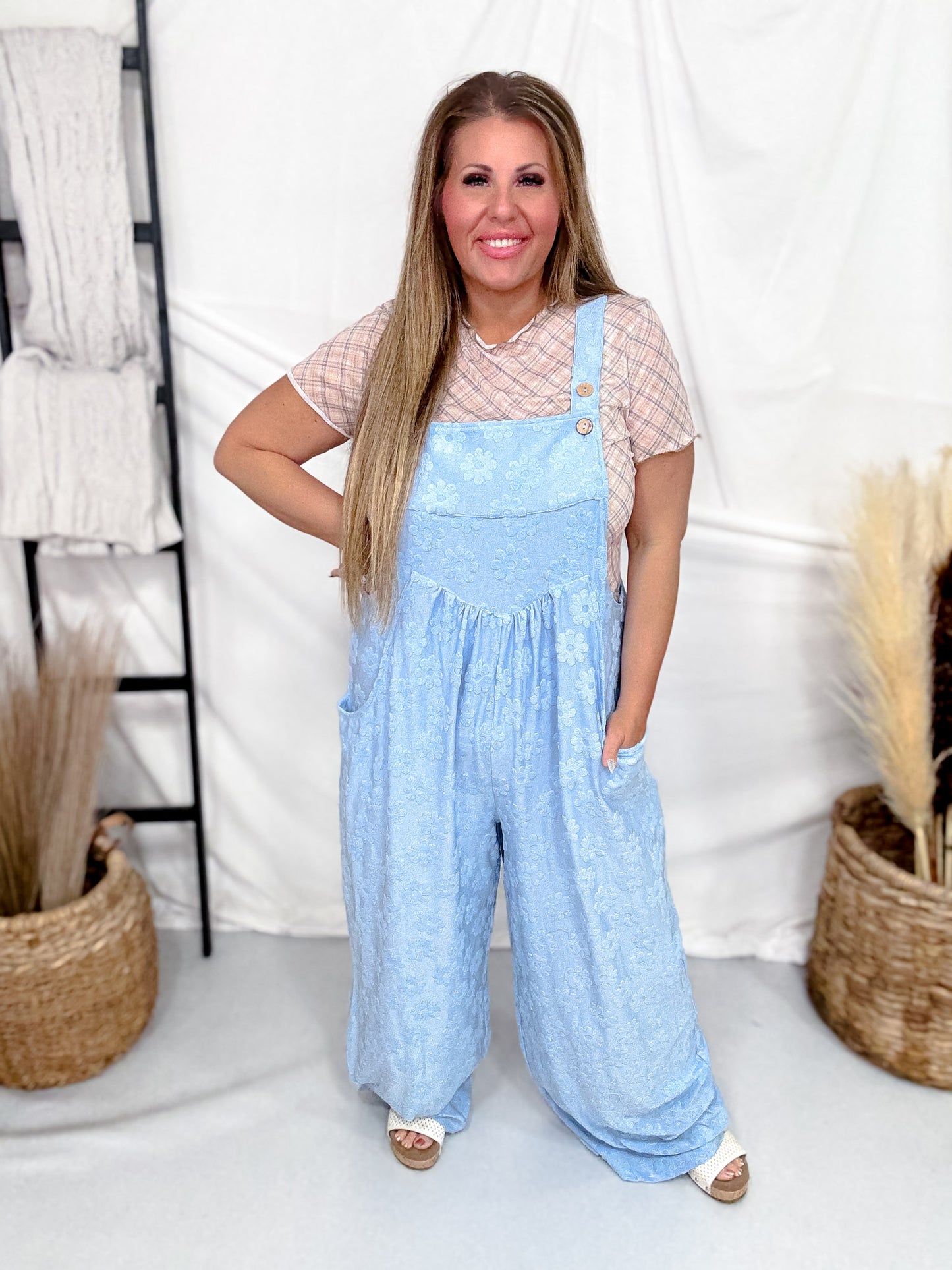Baby Blue Wide Leg Overall Jumpsuit With Textured Floral Pattern