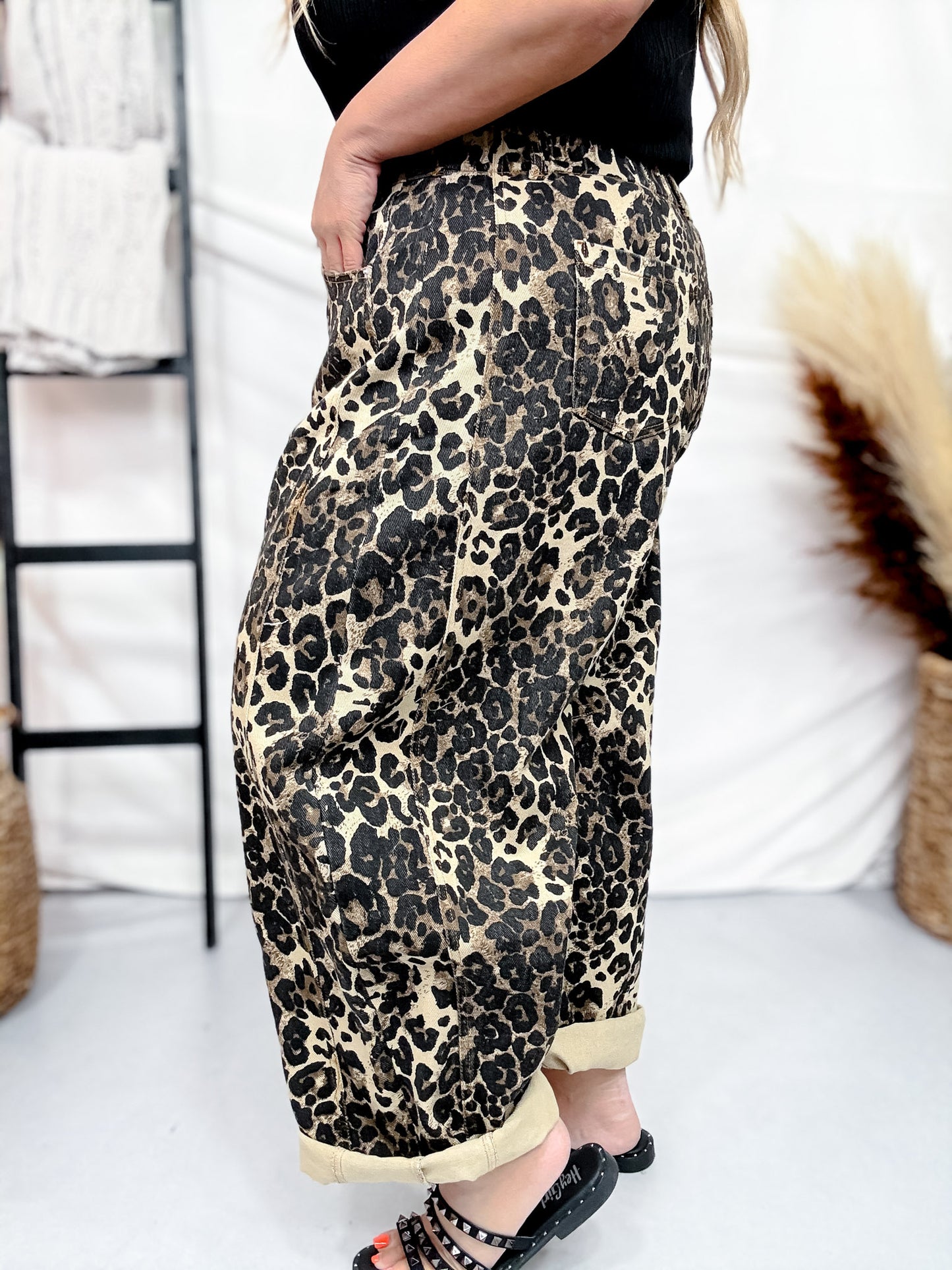 Washed Leopard Printed Barrel Leg Jeans