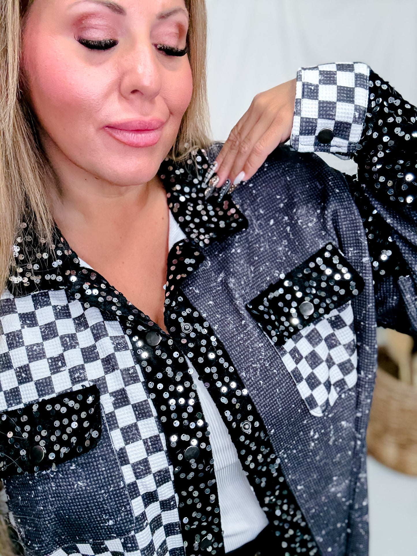 Bad & Boujee Checkered Shacket With Sequined Velvet Trim