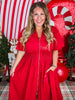 Short Sleeve Brick Red Smocked Waist Midi Dress W/ Pockets