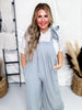 Slate Blue Checkered Jaquard Jumpsuit with Tie Sleeves