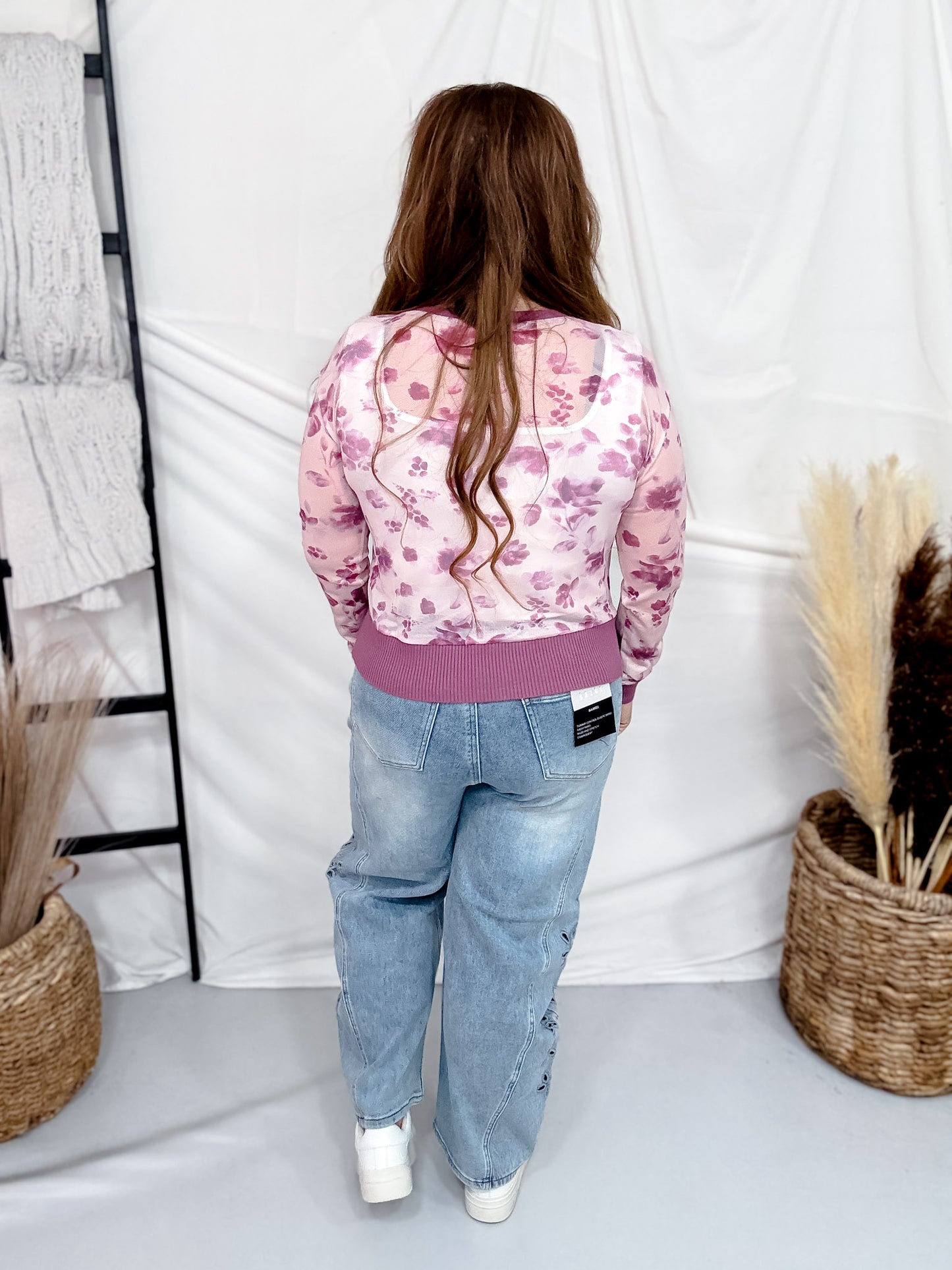 Plum Floral Print Sheer Long Sleeve Button Front Cardigan
