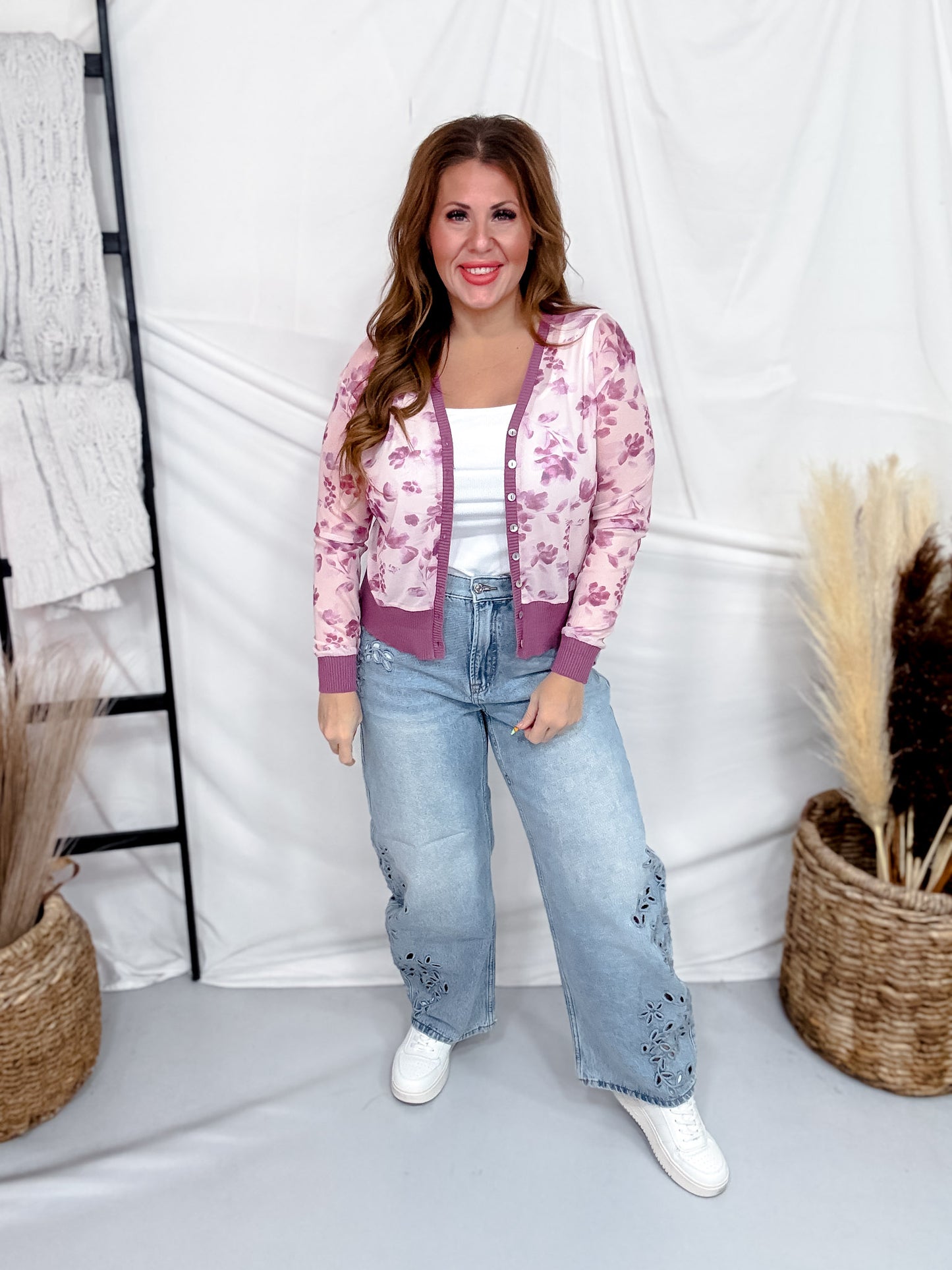 Plum Floral Print Sheer Long Sleeve Button Front Cardigan