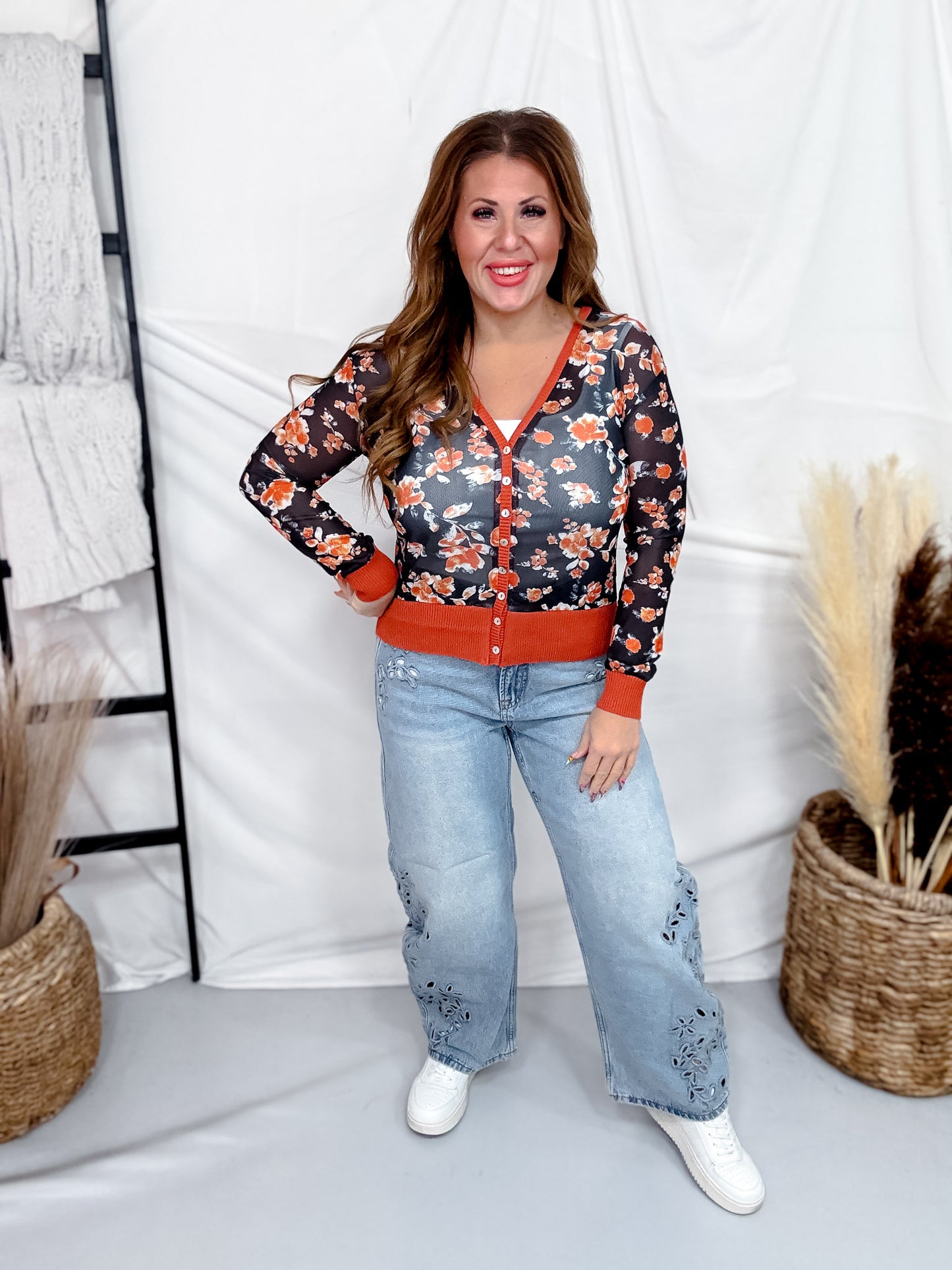 Navy & Brick Floral Print Sheer Long Sleeve Button Front Cardigan