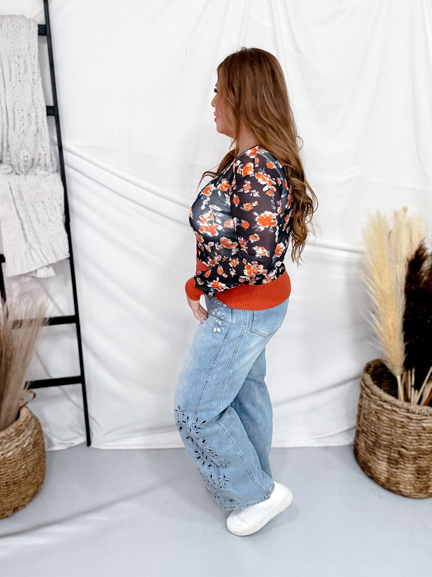 Navy & Brick Floral Print Sheer Long Sleeve Button Front Cardigan