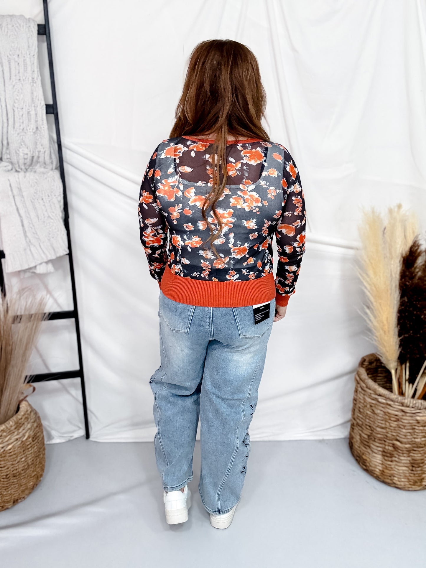 Navy & Brick Floral Print Sheer Long Sleeve Button Front Cardigan