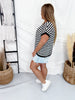Black & White Striped Short Sleeve Top With Rhinestone Accents