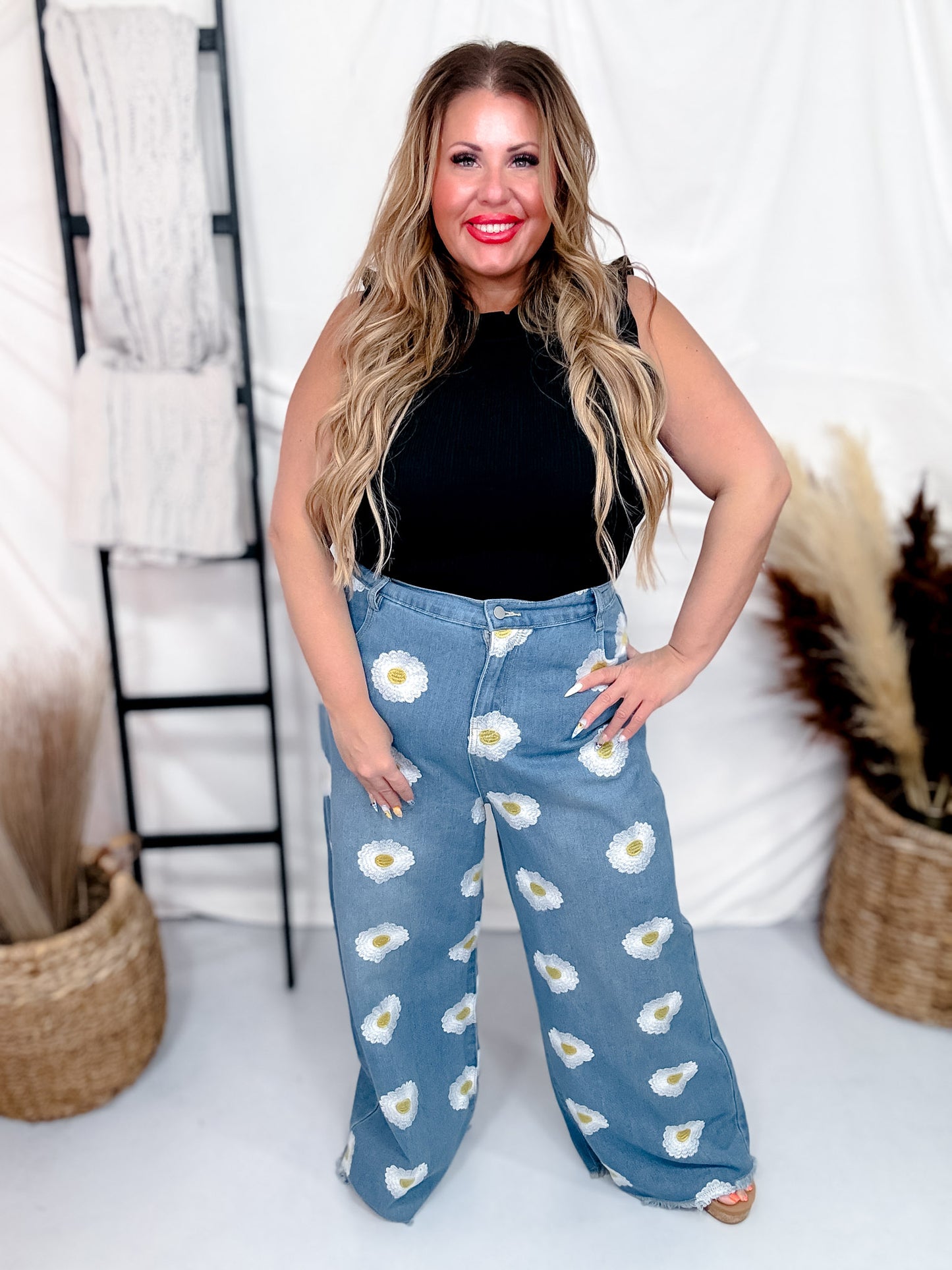 Daisy Embroidered Wide-Leg Jeans