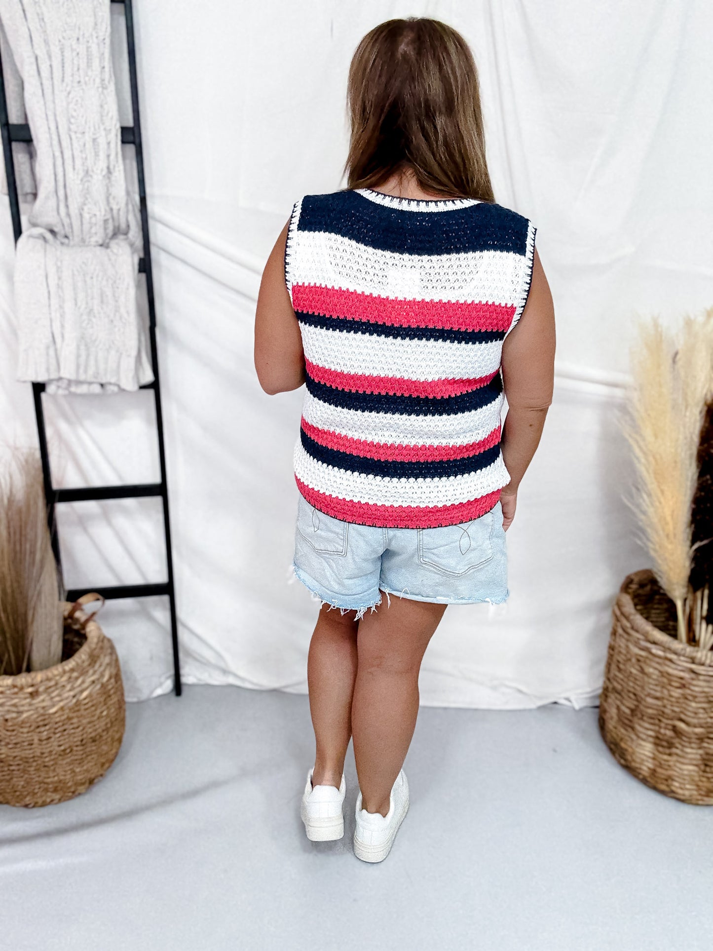 Red White & Blue Crochet Sleeveless Top W/ Denim Star Patches