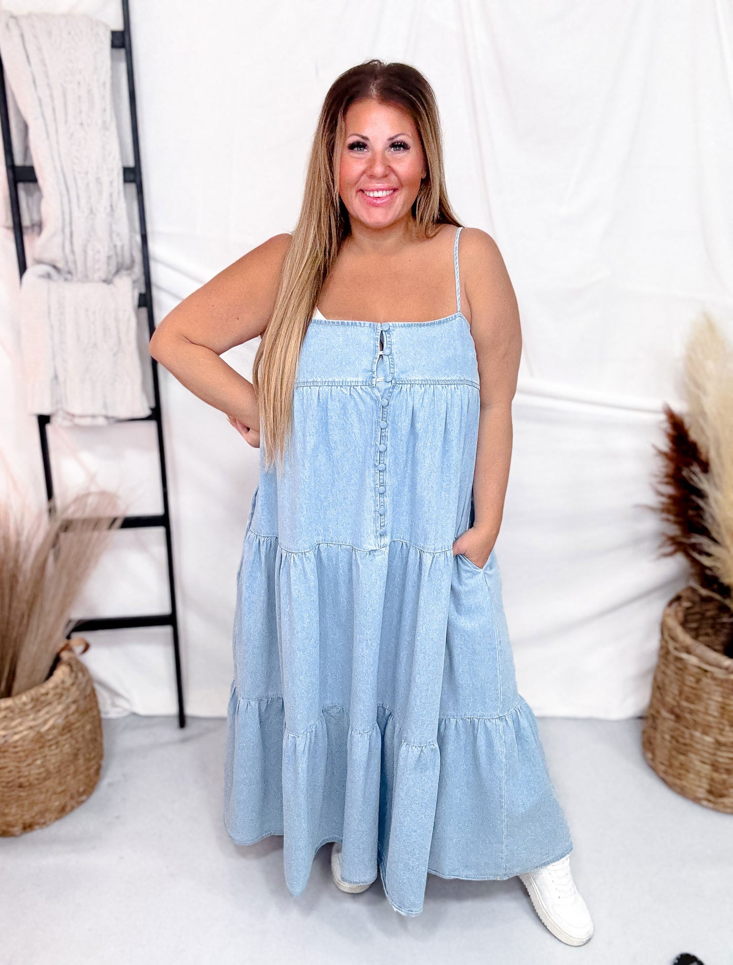 Sleeveless Tiered Light Denim Maxi Dress