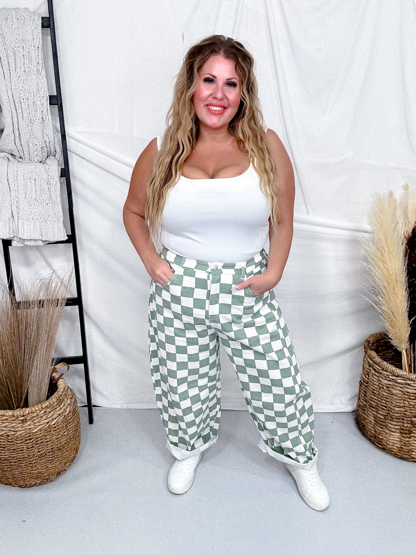Sage & White Checkered Barrel Leg Pants
