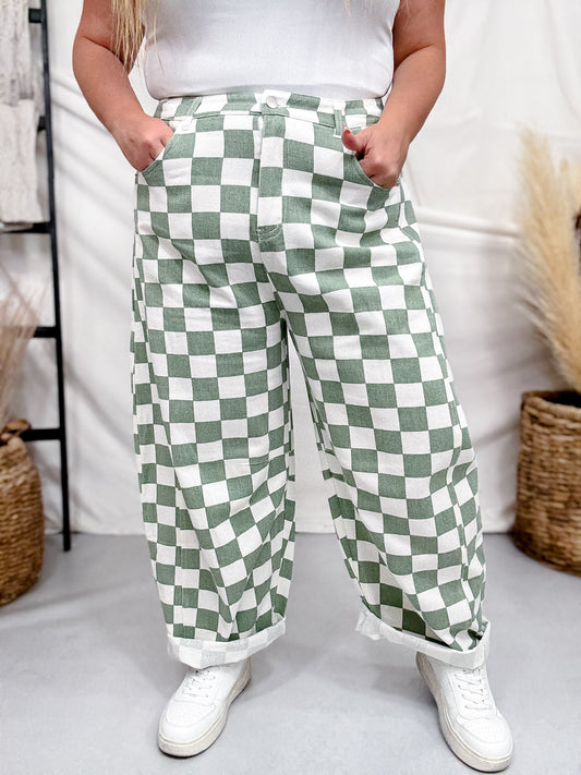 Sage & White Checkered Barrel Leg Pants