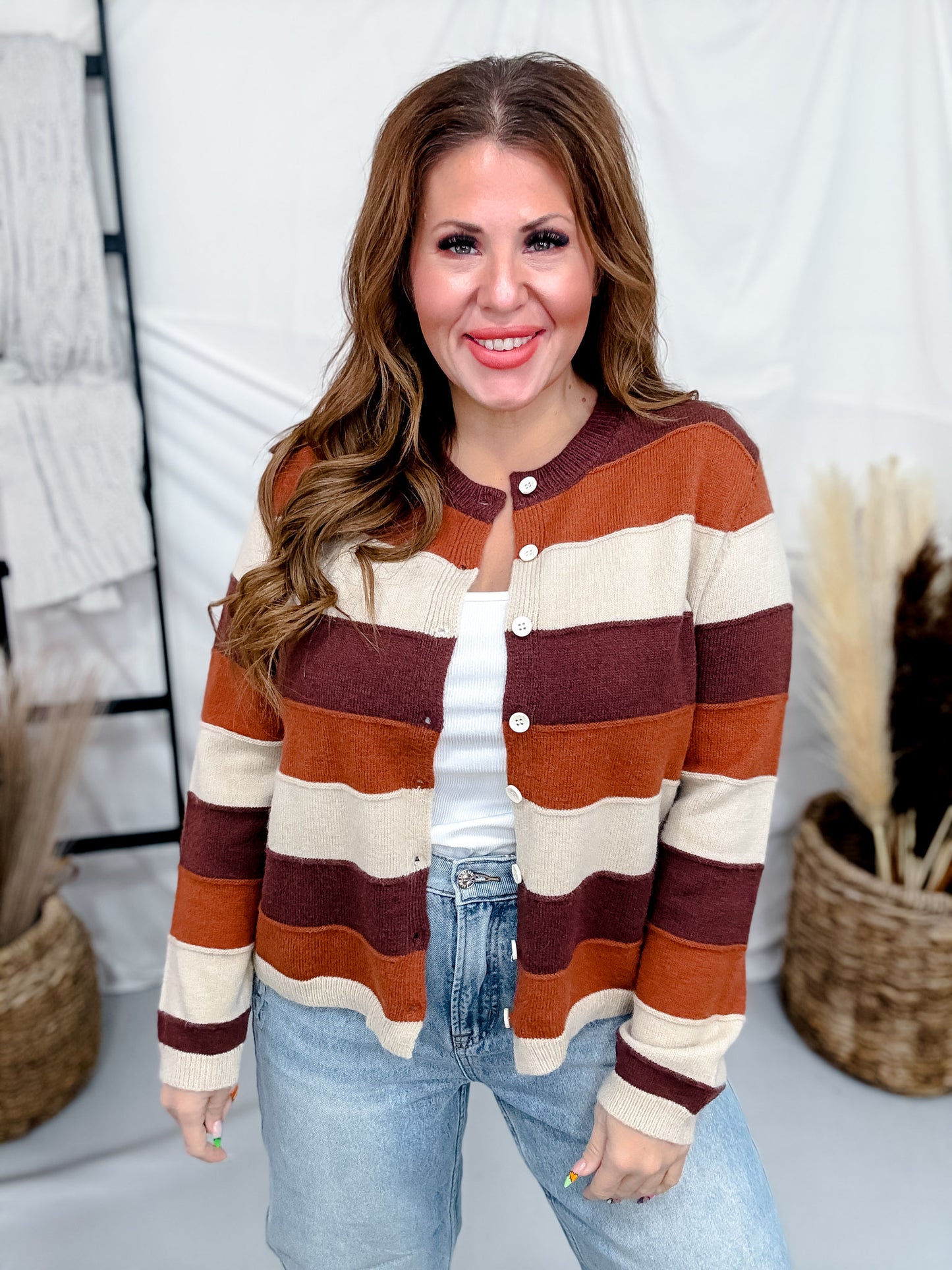 Terra Cotta Striped Button Front Cardigan