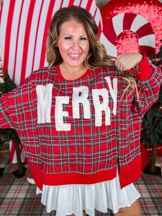 Merry Letter Patches Plaid Long Sleeve Sweatshirt