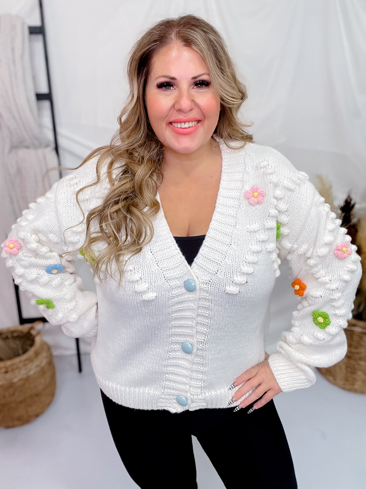 Knit Sweater Cardigan with Removable Flower Patches