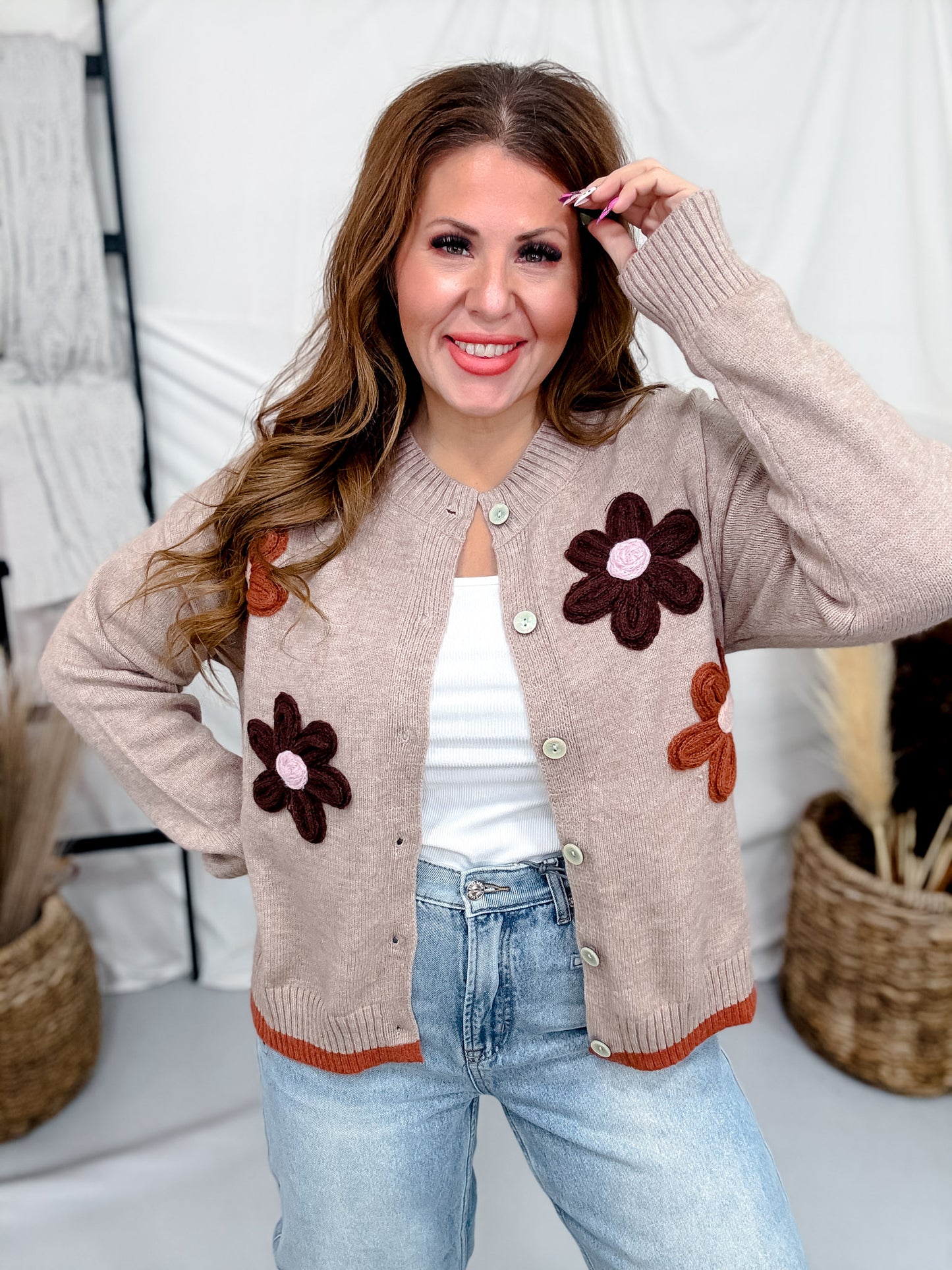 Button Front Cardigan With Daisy Appliques