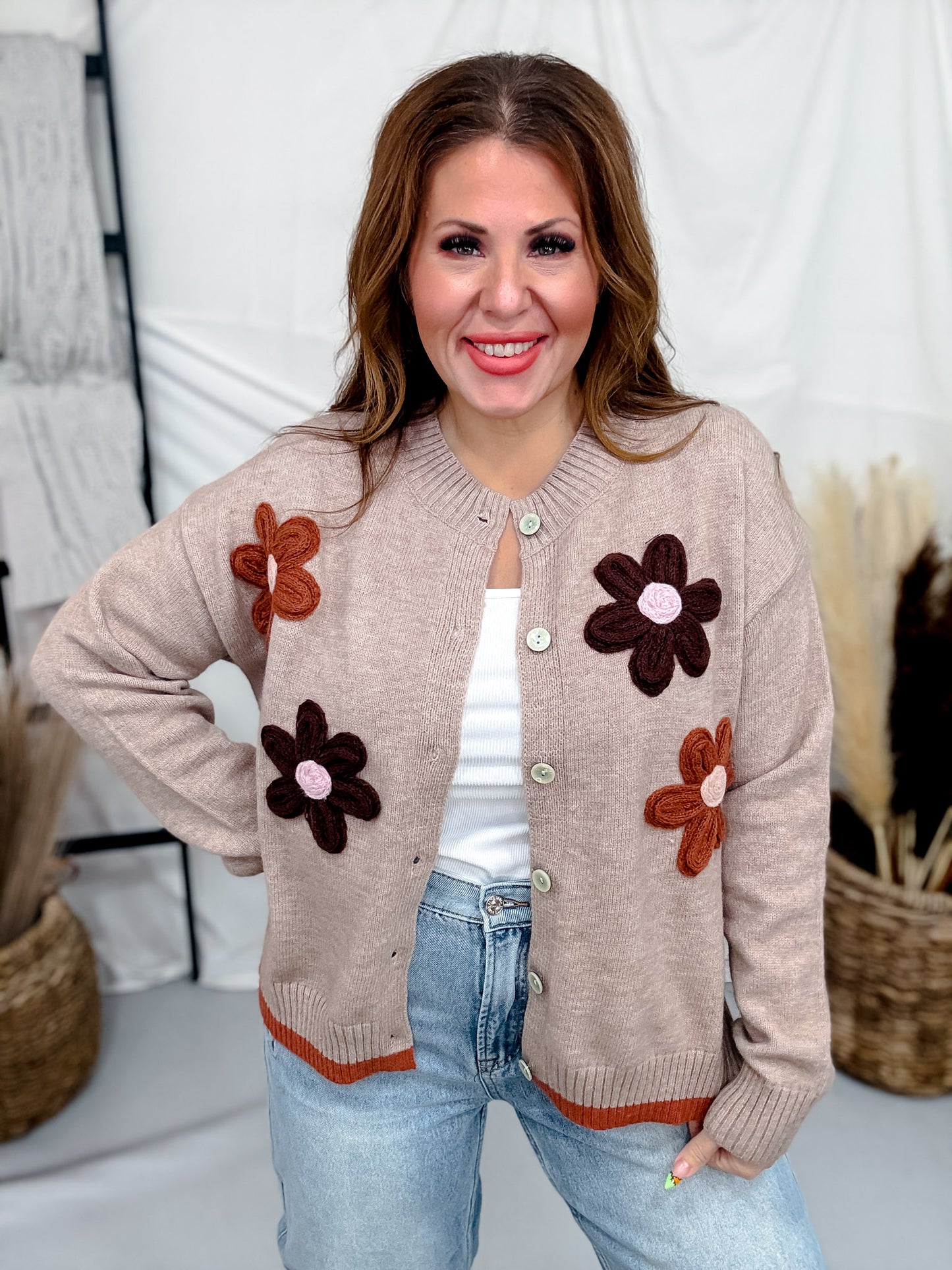 Button Front Cardigan With Daisy Appliques