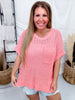 Coral Half Sleeve Open Knit Sweater With Round Neckline