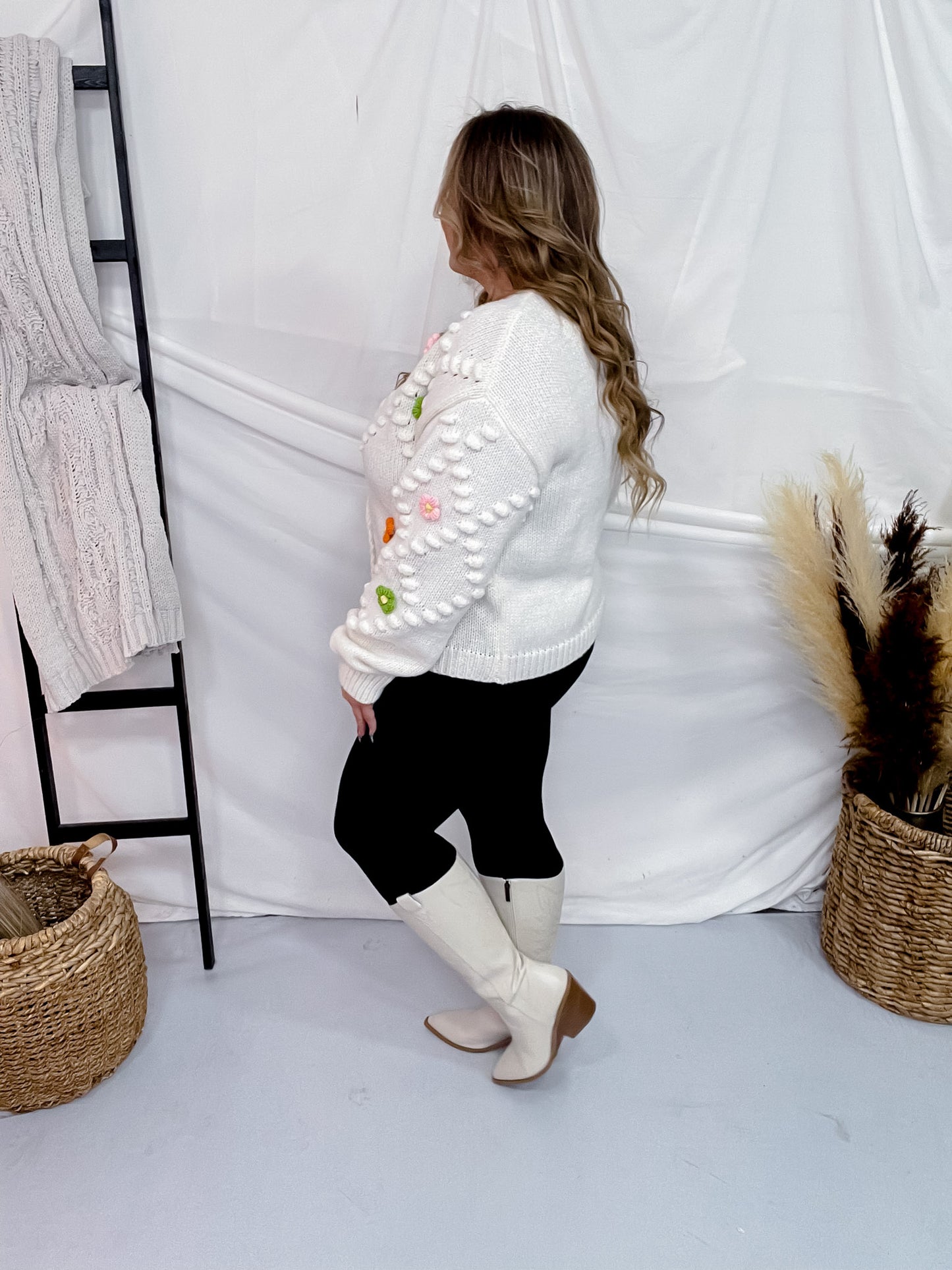 Knit Sweater Cardigan with Removable Flower Patches