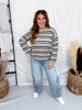 Open Stitch Multi-Color Crew Neck Striped Sweater