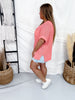 Coral Half Sleeve Open Knit Sweater With Round Neckline