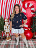 Navy Short Sleeve Knit Sweater Top With Gingerbread Pattern