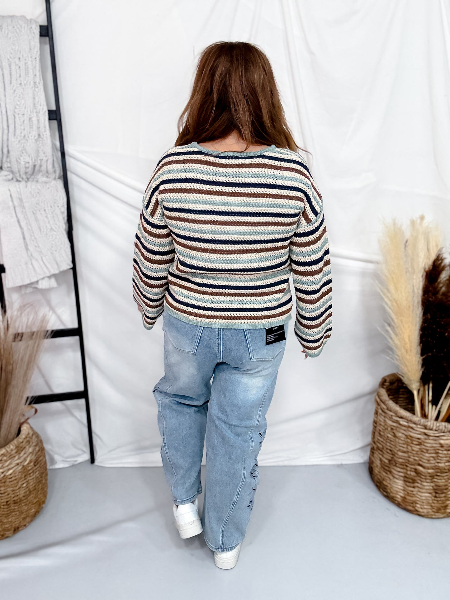Open Stitch Multi-Color Crew Neck Striped Sweater