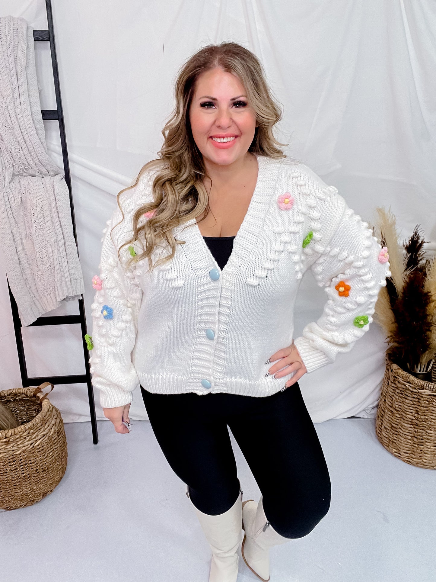 Knit Sweater Cardigan with Removable Flower Patches