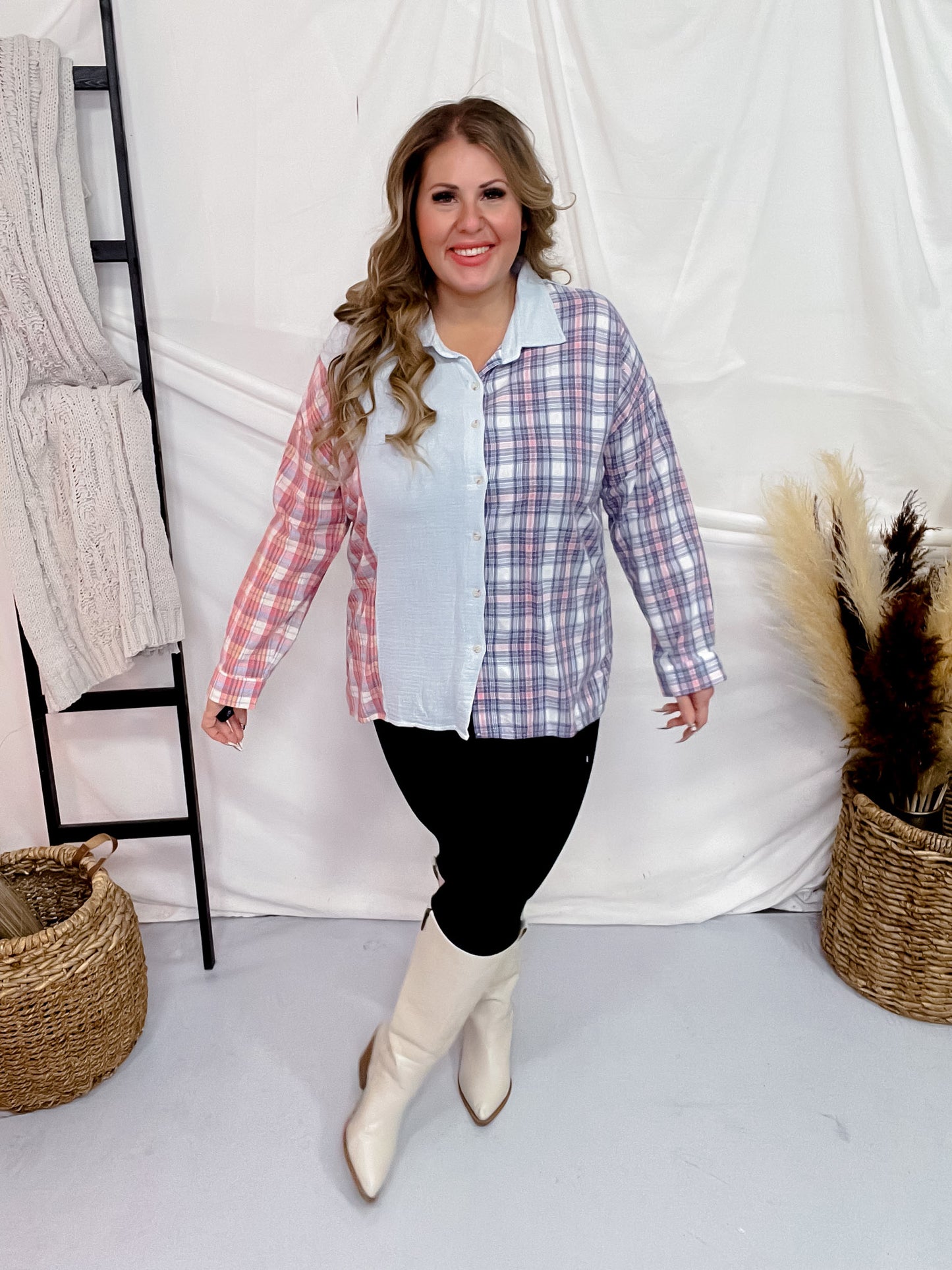 Color Block Plaid & Solid Long Sleeve Button Down Top FINAL SALE