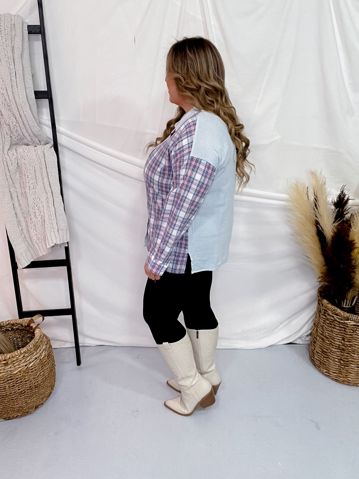 Color Block Plaid & Solid Long Sleeve Button Down Top FINAL SALE