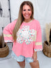 Coral Long Sleeve Color Block Top With Daisy Patch