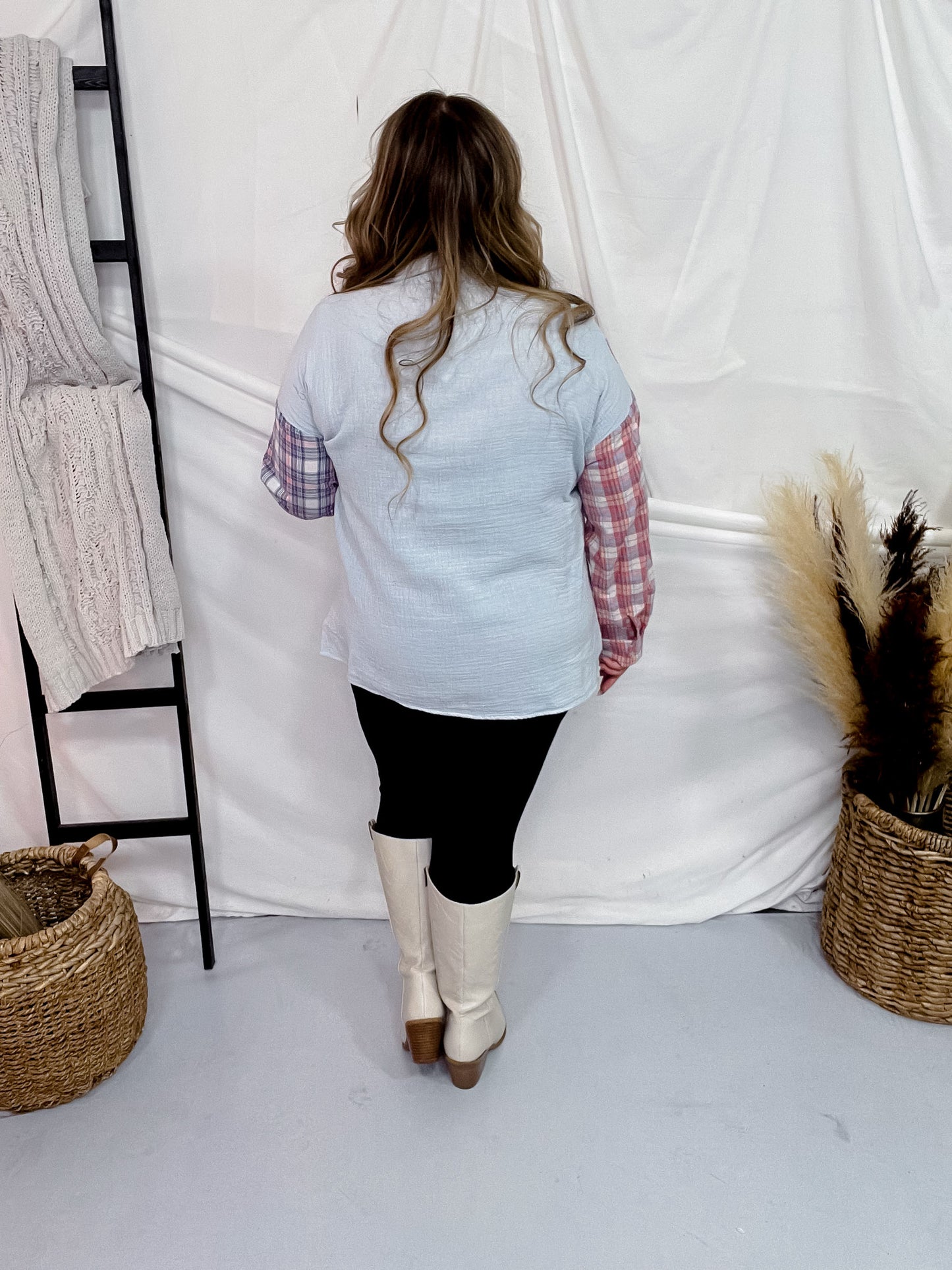 Color Block Plaid & Solid Long Sleeve Button Down Top FINAL SALE