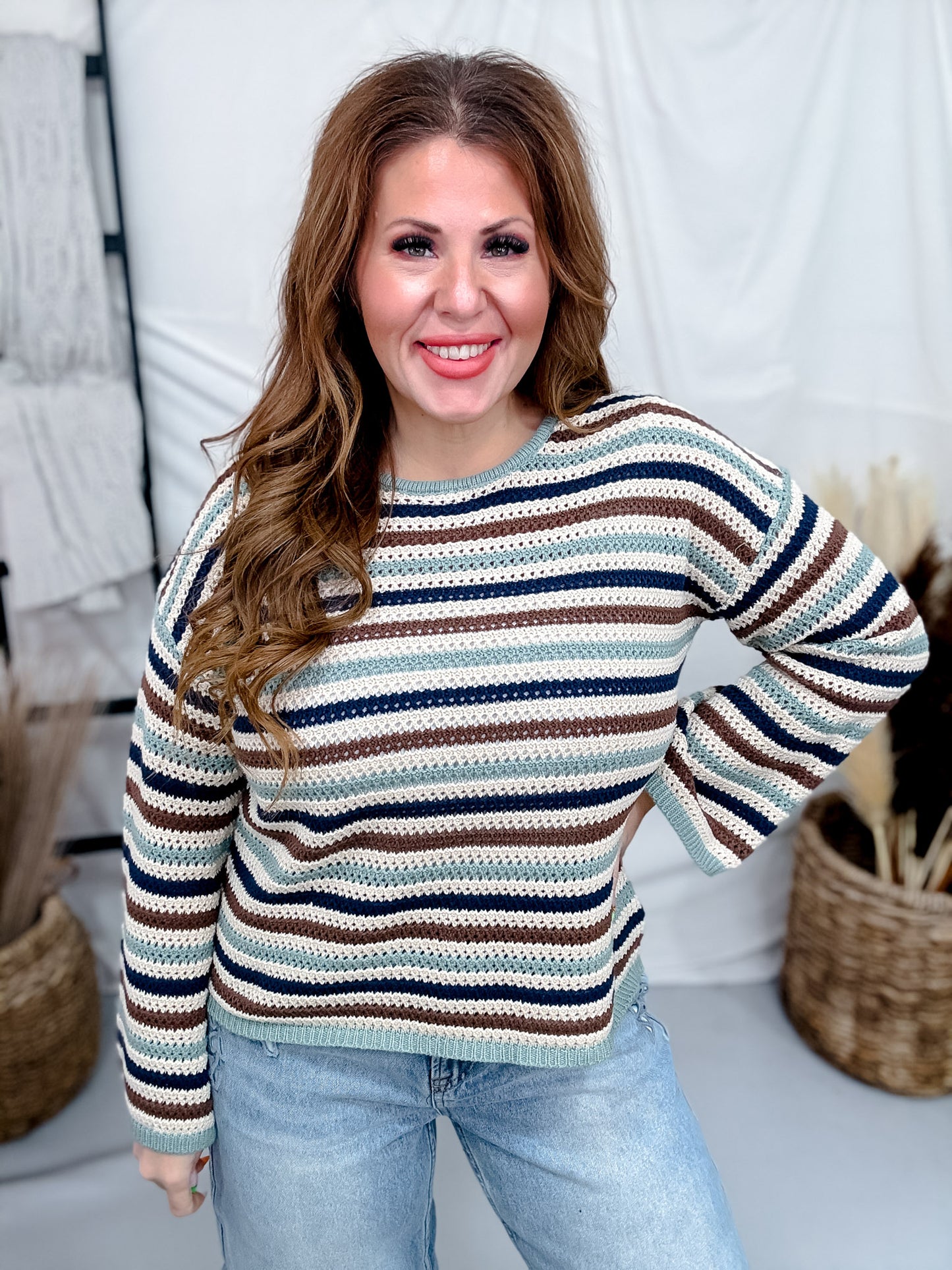 Open Stitch Multi-Color Crew Neck Striped Sweater