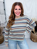 Open Stitch Multi-Color Crew Neck Striped Sweater